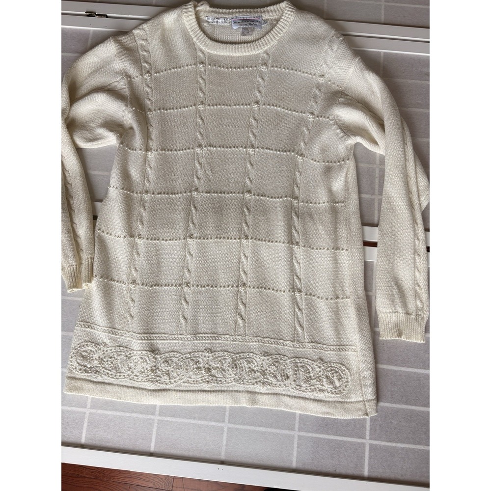 Vintage Tan Jay Beaded Cable Knit Sweater Cream Pearl Hand Embroidered Large